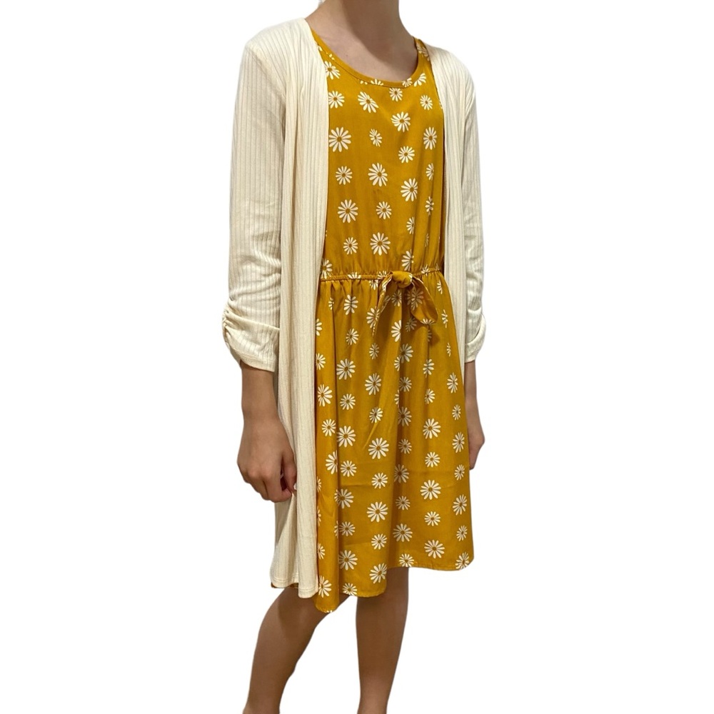 JENNA & JESSIE Dress Sweater Duster Set Size 12 Gold Floral Sleeveless Dress